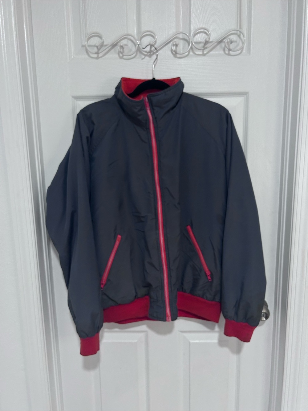 Crew Dark Gray Bomber Jacket with Red/Orange Trim. Sherpa Lining Size XL